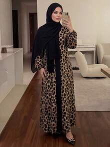 SHEIN Lady CURVE Đầm họa tiết da báo dài tay cổ chữ V dáng rộng thời trang cỡ lớn - Nhiều màu - Xem 4