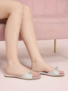 CUCCOO DOLLMOD Sandalias planas cómodas con lunares blancos para damas, sandalias planas de estilo dulce con lazo - Blanco - Ver 4