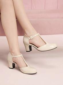 CUCCOO DOLLMOD Women's Shoes Round Toe Apricot Patent Leather T-Word With College Style Mary Jane Afternoon Tea Wear Thick Heel High Heel Shoes - Apricot - View 1