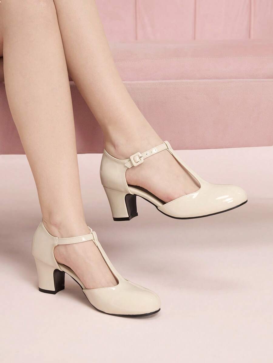 CUCCOO DOLLMOD Women's Shoes Round Toe Apricot Patent Leather T-Word With College Style Mary Jane Afternoon Tea Wear Thick Heel High Heel Shoes - Apricot - View 1