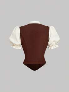 SHEIN MOD 女士撞色简约短袖衬衫，休闲装 - 杏色 - 查看 4