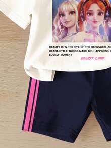 SHEIN 白色和藏蓝色，时尚韩流卡通女孩肖像印花，少女休闲宽松圆领短袖T恤搭配紧身骑行短裤两件套，适合春夏日常穿着、外出、返校等场合。 - 彩色 - 查看 6