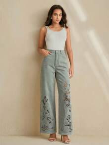 Anewsta 女士优雅刺绣镂空白色直筒牛仔裤，适合情人节、妇女节、母亲节穿着 - 藍色 - 查看 4