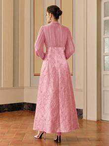Anewsta Navy Blue Mid-Length Dress With Tie Collar, Beaded Elegant Jacquard Chiffon Patchwork Long Sleeve Dress For Party - Pink - View 3
