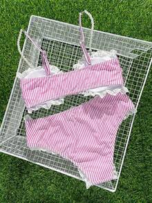 Swim Mod Set Bikini Pantai Musim Panas Baru dengan Hiasan Renda, Manis dan Lucu, Bergaris Merah Muda dan Putih dengan Trim Rumbai - Berwarna merah muda - View 2