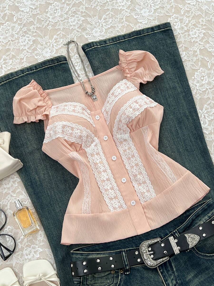 Elamini Women's Summer Keyhole Neck Cap Sleeve Contrast Lace Slim Fit Blouse - Pink - View 1