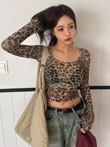 DAZY Camiseta de manga larga con estampado de leopardo y malla para mujer - Marrón - Ver 4