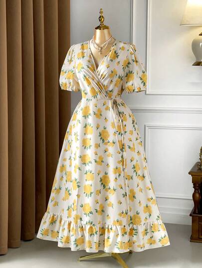Rometta Plus Size Yellow Rose Ditsy Floral V-Neck Short Sleeve Wrap Waist A-Line Ruffle Hem Mini Dress, Elegant For Outing, Date, Party, Commute, Afternoon Tea, Vacation
