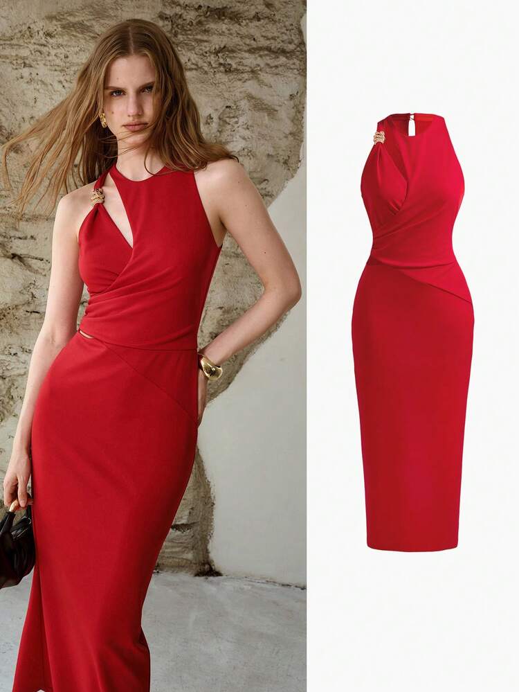 WOMEN'S FITTED HOLLOW-OUT KNIT ELASTIC LONG DRESS