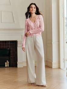Anewsta Cardigan élégant en tricot rose doux à manches longues avec perles, fleurs et motifs ajourés pour femmes, idéal pour le printemps et l'été - Rose bonbon - Voir 4
