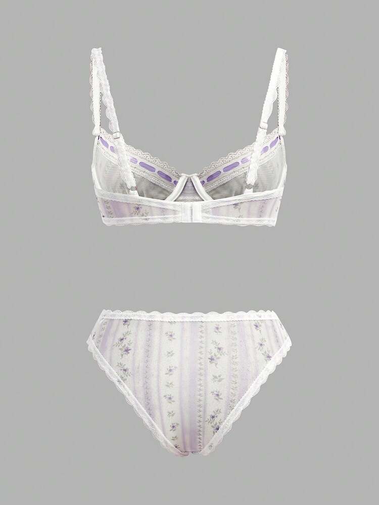Lilac Vintage Floral Mesh Lingerie Set With Lace Detail And Small Satin Bows Floral Lingerie Set Lace Lingerie Set Lilac Lingerie Set