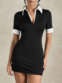 Briarwyn Vestido casual ajustado de manga corta con cuello de color contrastante para mujer - Blanco y Negro - Ver 1