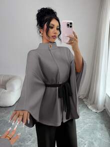 Elenzga Women's Knitted Elegant Vacation Commuting Autumn Two Pieces Set - Grey - View 7