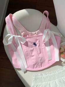 Comfortcana 2026 Frühling/Sommer Neue Mode Damen Western Stil Schnürung Bestickte Crop Top, Rosa Anliegende Bustier, Vintage Stil für Neujahr, Weihnachten, Erntedankfest Party - Pink - Übersicht 3