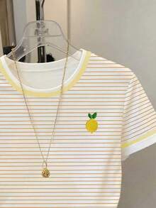 Resyla 女士休闲落肩圆领T恤，柠檬印花T恤，水果T恤 - 橘色 - 查看 3