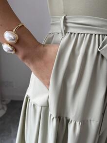 Elenzga 女士优雅浪漫婚礼宾客派对夏季度假圆领无袖收腰A字飘逸连衣裙 - 軍綠色 - 查看 6