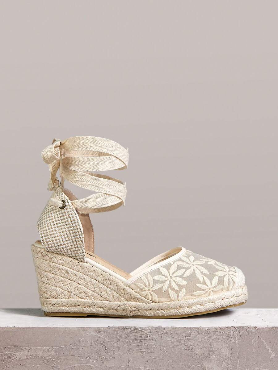 Styleloop Women's Straw Rope Embroidered High Heel Sandals Holiday Travel Essential Boho Cowgirl Outfit - Apricot - View 1