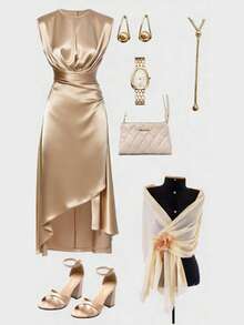 GlowEve Women's Elegant Solid Color Satin Ruched Waist Asymmetric Hem Dress - Apricot - View 3