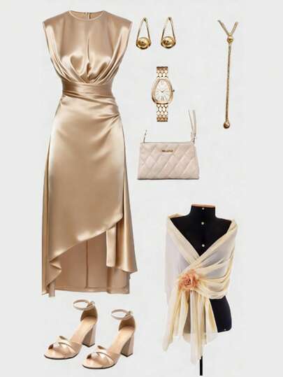 GlowEve 女士优雅纯色缎面褶皱腰部不对称下摆连衣裙