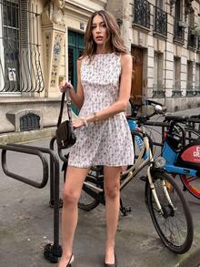 SHEIN PariChic Women's New Round Neck Sleeveless Printed Pattern Fitted Waist Short Flare Dress - Apricot - View 6