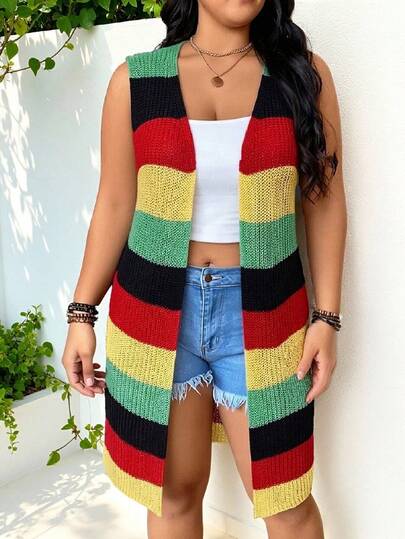 Breezaya Women's Casual Sleeveless Loose Fit Colorblock Midi Cardigan, Suitable For Spring/Summer, Party, Music Festival, Beach