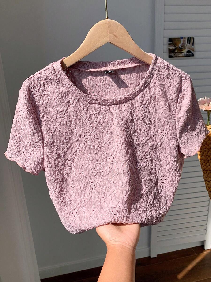 Comfortcana Beige Jacquard Knit Crew Neck Basic Short Sleeve T-Shirt, Summer - Mauve Purple - View 1