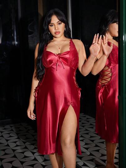 Plus Size Red Sexy Fitted Lace-Up Slit Sleep Dresses Satin Dress Red Lingerie Dress Sexy Night Dress Red Satin Nightgown Satin Nightgown