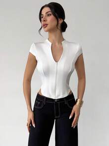 Franclia Women's Solid Color Zip-Up Collar Short Sleeve Casual T-Shirt,All White Summer Everyday Casual Top,Modern Racer Top - White - View 5