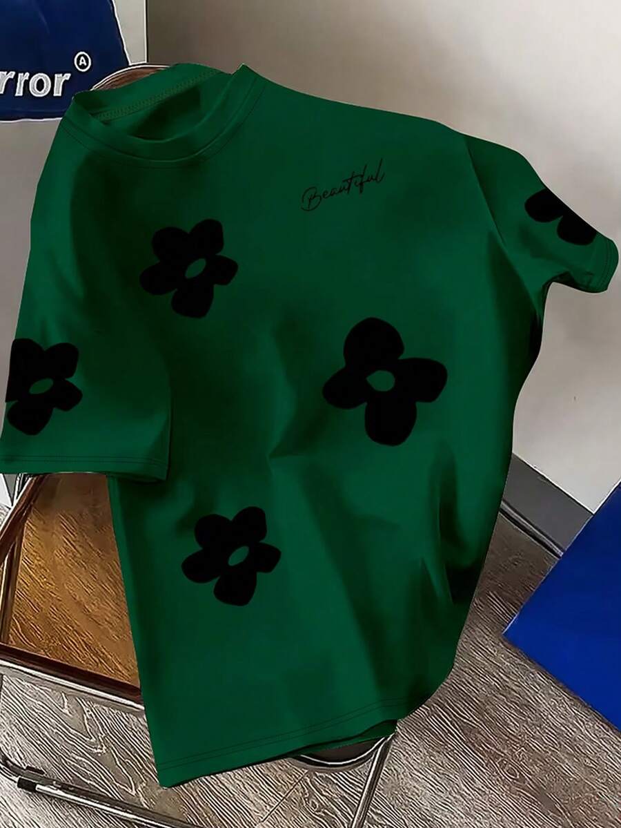 Manfinity Dauomo Áo thun nam tay ngắn cổ tròn in hoa, kiểu dáng thường ngày, thích hợp cho mùa hè. - xanh quân đội - Xem 1