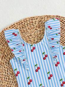 SHEIN 女婴草莓印花连体泳衣，带网纱荷叶边裙摆，度假必备可爱单品 - 藍色 - 查看 7