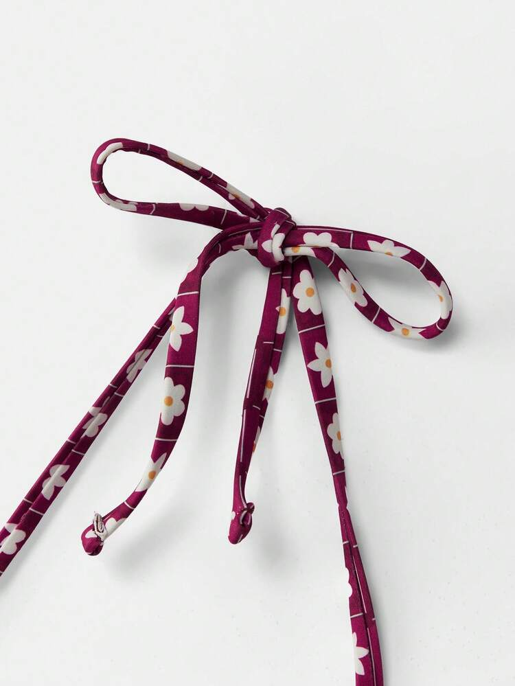 Burgunderrotes Bikini-Set mit Blumen-Geometrie-Muster, Frühlings-/Sommer-Bademode im Vintage-Stil, französischer Pariser Stil