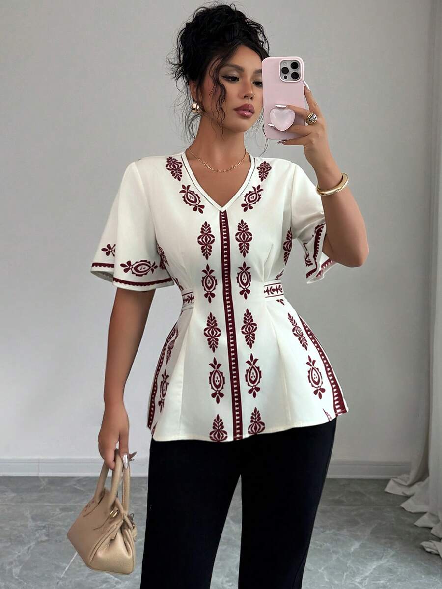 Rafferiza Áo kiểu nữ cổ chữ V in hoa tay bồng thời trang, mùa hè - Màu be - Xem 1