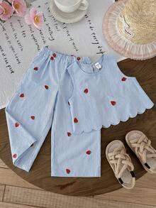 LMoss Kids 2件套女童条纹草莓印花无袖上衣和宽松休闲裤套装，儿童服装 - 藍色 - 查看 7