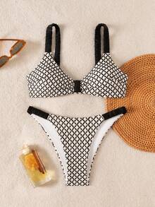 Swim Mod Women's Swimsuit Set, Green Thick Strap High-Cut Bikini Bottoms, Sexy & Sweet, Versatile For Beach Vacation, Spring/Summer, Mesh Fabric - Black - View 3