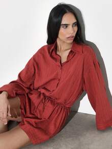 KSTM Women's Long Sleeve Button Down Collared Romper With Drawstring Waist Tie Detail Fall Autumn Casual Playsuit - Red - View 7