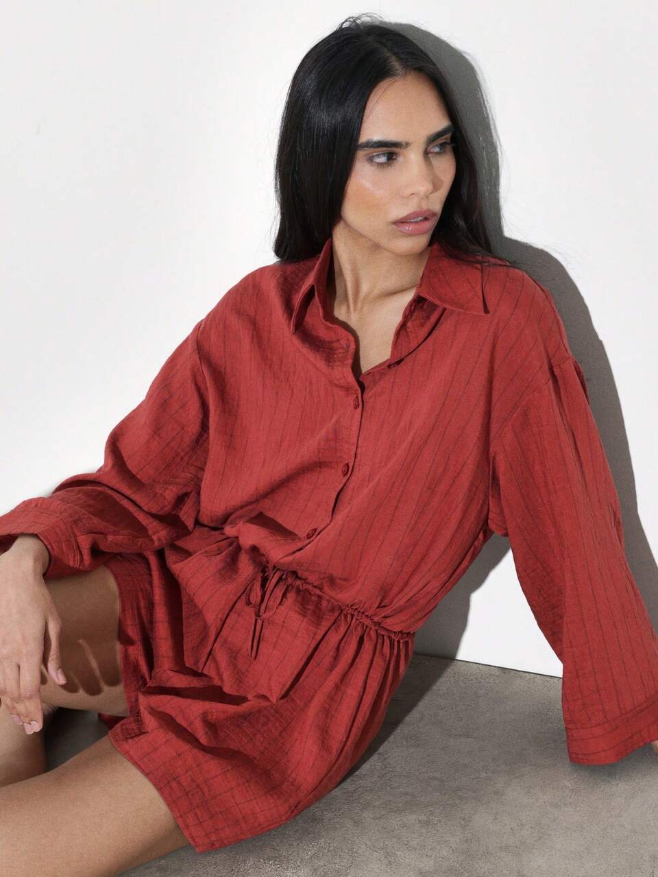 KSTM Women's Long Sleeve Button Down Collared Romper With Drawstring Waist Tie Detail Fall Autumn Casual Playsuit