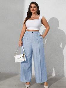 Vionelle 大码女式纯色前袋休闲西装裤阔腿裤女士阔腿裤女士休闲裤女士阔腿裤女士夏季裤装 - 淺藍色 - 查看 6