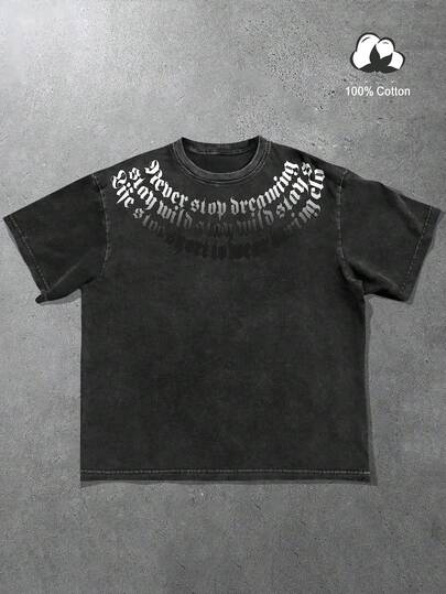 Manfinity EMRG Washed Fabric Men's Letter Graphic Print Casual Crew Neck Short Sleeve Cotton T-Shirt Summer Tops  Summer Clothes  Summer Top  Men Clothes  Streetwear  Summer Outfits For Women Men Graphic Tops Gift For Boyfriend  Gift For Son Shirt For Summer  Black Shirt  T Shirt For Men  Summer Vacation Outfits  Summer Holiday Outfits  Men Clothes  Shirts For Woman