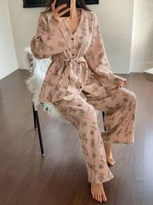 DAZY Set de pijama de mujer con 2 piezas, estampado de dibujo lineal floral, tela de gasa texturizada con botones de contraste, primavera - Rosa Pálido - Ver 4