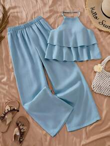 SHEIN Sparklyn 2pcs/Set Tween Girls Camisole & Pants Set,Sky Blue Summer Funny Vacation Holiday Casual Light Blue Two Piece Outfit Suitable For Spring & Summer - Blue - View 3