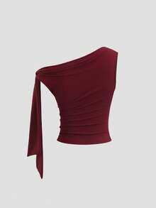 Sweetra 新款不对称金属扣优雅通勤日常时尚不对称领抽绳设计T恤 - 酒紅色 - 查看 2
