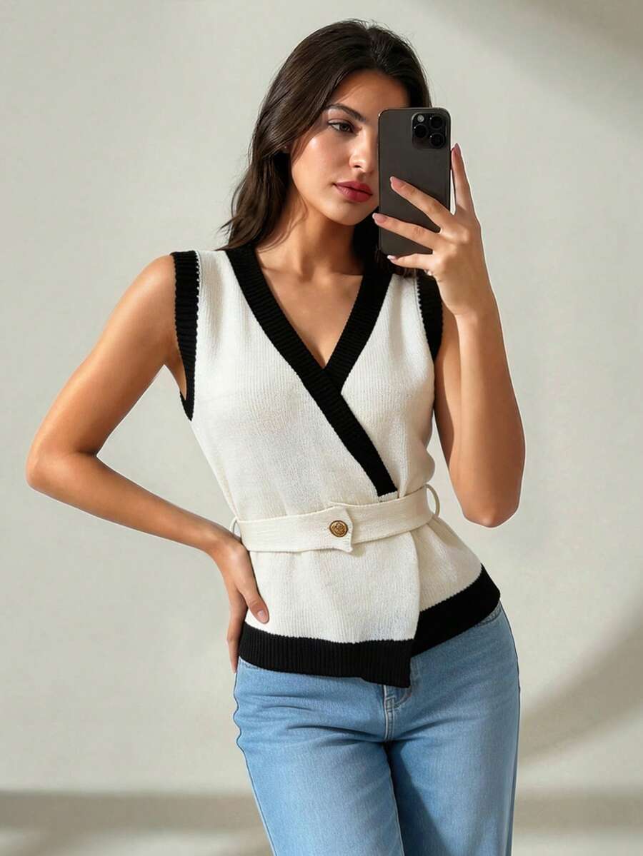 Chiquease Áo len gile nữ mùa xuân/hè mới, màu trắng viền đen, dáng ôm với thắt lưng và cúc kim loại, phù hợp cho đi làm hàng ngày, thanh lịch, mùa hè, áo trắng, đi chơi ngày Valentine, dự tiệc cưới, áo lót giữ ấm, áo gile trắng, áo vest trắng cho nữ, áo blazer trắng đen. - trắng - Xem 1