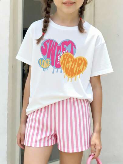 Spring And Summer Girls' Casual Fashion Creative Personality Fresh Minimalist Heart-Shaped Pink & White Vertical Striped Graphic Letter Print Comfortable Basic Short T-Shirt And Shorts Set, Suitable For Spring/Summer Outfits