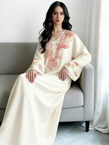 Al Najma 花卉植物条纹领口搭配同色系花卉印花时尚V领女士长袖连衣裙，优雅阿拉伯风格服装，春夏款 - 彩色 - 查看 3