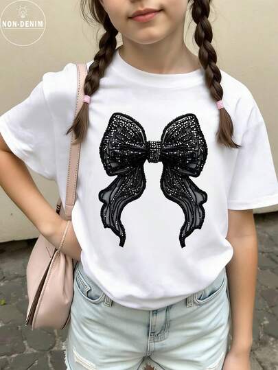 Camiseta de manga corta y cuello redondo casual y cómoda para niña, con bordado de lazo y patrón de strass, ideal para primavera y verano, ligera y cómoda, imprescindible para el verano, uso casual de moda, para calle, picnic al aire libre, campus, vacaciones, regalo