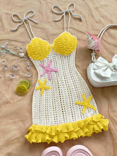 Soleia Women's Vacation Peach Starfish Decor Double Ruffle Hem Halter Knit Dress, Suitable For Holiday, Date, Afternoon Tea, Beach, Cruise, City Trip, Wedding Season, Music Festival, Boho Vacation Crochet Dresses For Women Crochet Beach Dress Beach Dress For Women Yellow Crochet Dress,Beach Cruise Vacation Dress, Casual Vacation Outfit, Beach Vacation Outfit,Island Vacation Outfit Beach Set For Women Yellow Beach Dress Crochet Swimsuit Yellow Dress Summer Love And Lemonade Dress Crochet Bathing Suit