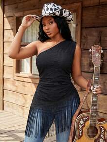 SHEIN SXY 大码女式纯色无袖流苏下摆休闲衬衫 - 黑色 - 查看 7