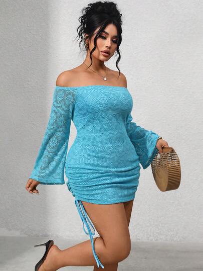 INAWLY Plus Size Women Off Shoulder Ruched Elegant Waist Fit Party Dress