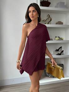 Selianne Bộ áo liền quần nữ dáng tiêu chuẩn hở vai mùa xuân/hè, trang phục đi nghỉ mát rộng rãi thoải mái, váy sang trọng cho nữ, váy xếp ly cho nữ, trang phục cho nữ, ghim cài áo, váy mới về cho nữ, trang phục thường ngày - Màu Đỏ Sâu - Xem 4