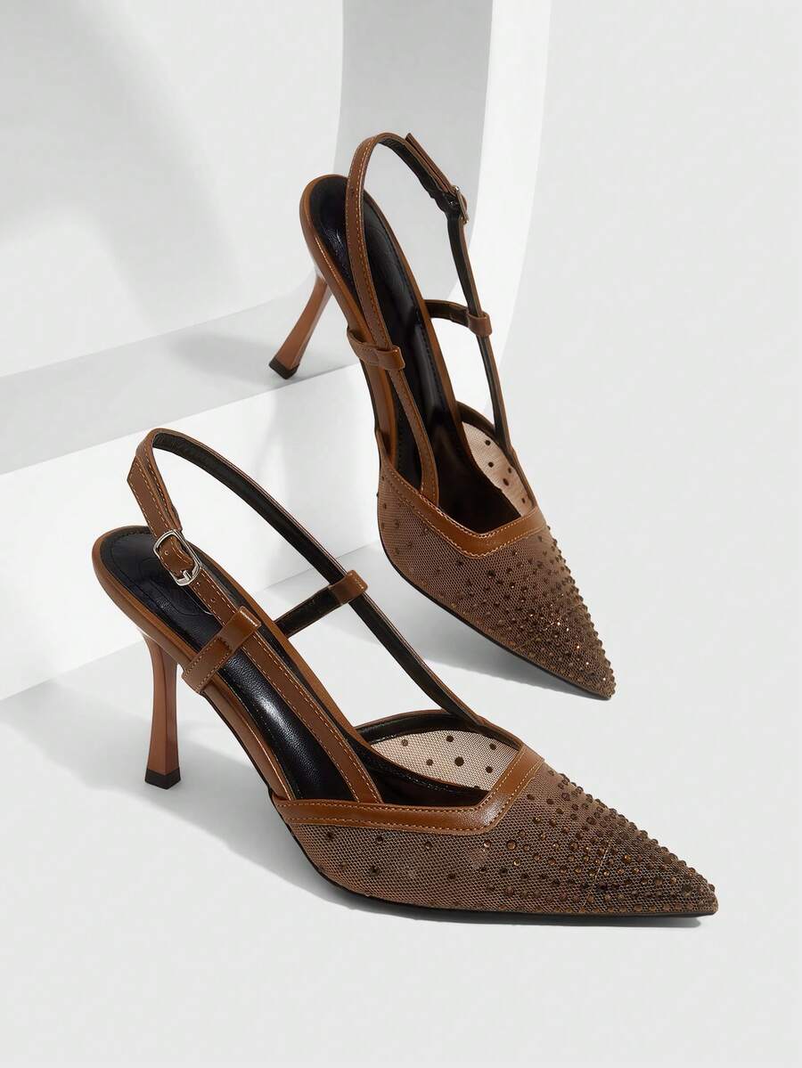 CUCCOO SZL Women's Pointed Toe High Heel Black Mesh Rhinestone Embellished Fashionable Sexy Glamorous Party Occasion Stilettos With Ankle Strap - deep camel - View 1
